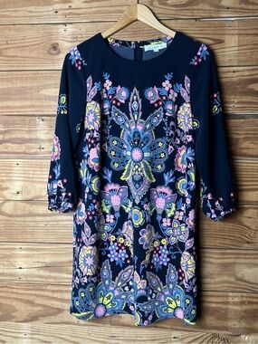LOFT Navy Floral Paisley Shift Dress with Pink & Yellow Accents